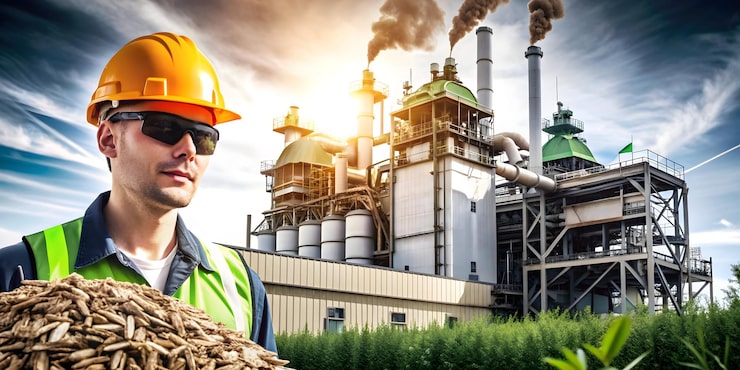 Photo ảnh chân thực như nhà máy sinh khối và khái niệm công nhân nhà máy như một nhà máy sinh khối kết hợp với một nhà máy