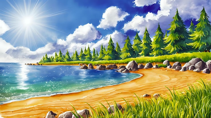 Photo bãi biển đầy nắng với cây thông và nước trong xanh