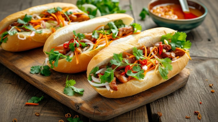 Photo bánh mì banh ngon trên một tấm ván