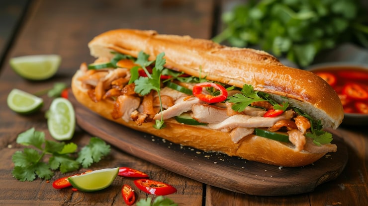 Photo bánh mì thịt gà việt nam trên ván gỗ