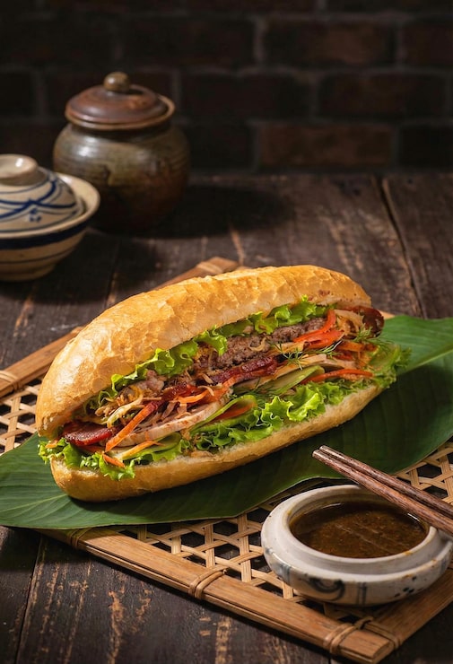 Photo bánh mì việt nam ngon tuyệt trên bàn gỗ mộc mạc