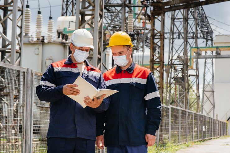 Photo các kỹ sư trạm biến áp điện thực hiện khảo sát thiết bị cao thế hiện đại trong mặt nạ vào thời điểm xảy ra đại dịch. năng lượng. công nghiệp.