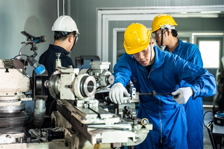 Photo công nhân cơ khí châu á làm việc trên máy phay các kỹ thuật viên đeo kính bảo hộ và mũ bảo hiểm khi vận hành máy để phòng ngừa an toàn người lãnh đạo khuyên thành viên trong nhóm của mình thực hiện công việc