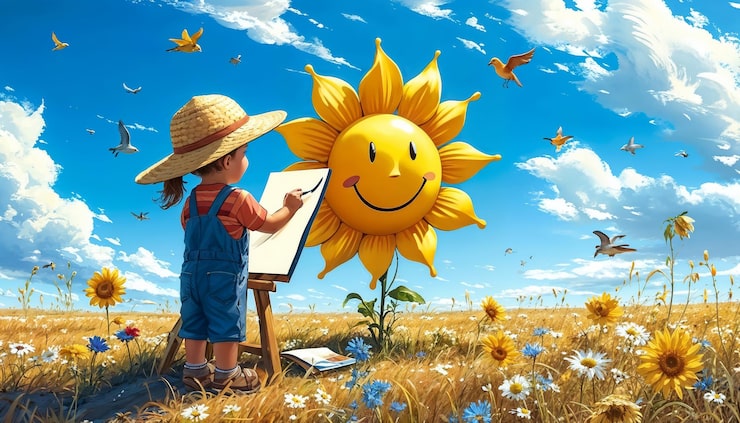 Photo đứa trẻ vẽ hoa hướng dương và mặt trời vui vẻ trên cánh đồng