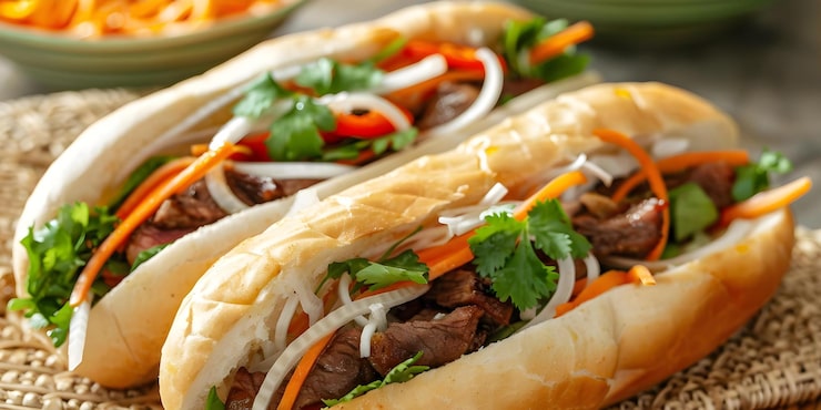 Photo hình ảnh cận cảnh bánh mì banh mi với thịt bò tẩm ướp và các nguyên liệu tươi ngon khái niệm chụp ảnh thực phẩm ẩm thực việt nam bánh mì bánh mì thịt bò tẩm ướp nguyên liệu tươi ngon