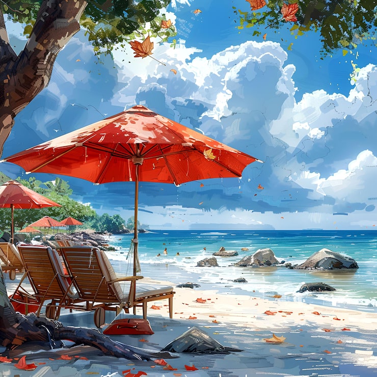 Photo một bức tranh về một bãi biển với một chiếc ô màu đỏ và ghế