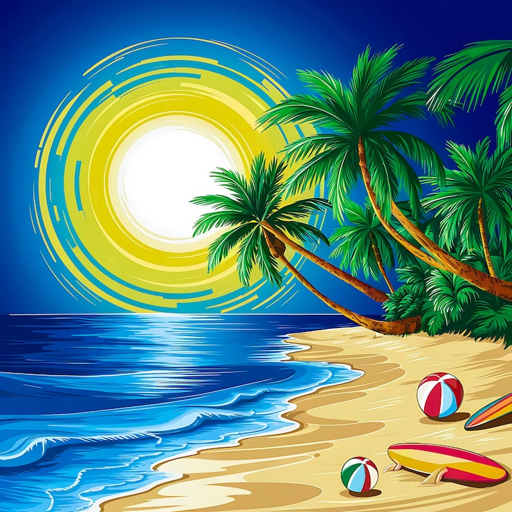 Photo nền phong cách vector đầy màu sắc của bãi biển