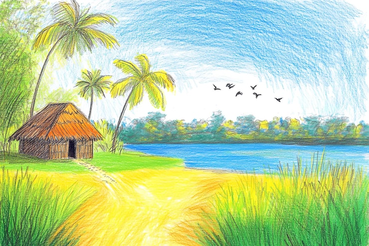 Photo tạo một bức vẽ phong cảnh nông thôn ấn độ bằng bút chì màu, túp lều nhỏ ở phía bên trái của tiền cảnh với
