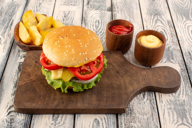 Miễn phí Photo góc nhìn từ trên xuống của bánh mì kẹp thịt với phô mai và salad xanh, khoai tây và nước chấm, thực phẩm