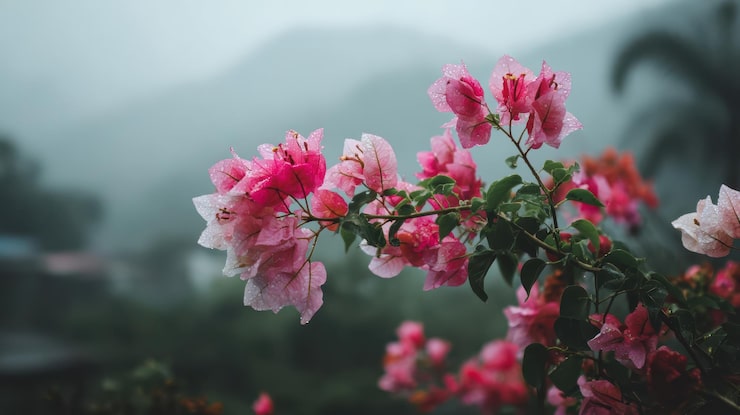 Miễn phí Photo hoa giấy màu hồng với nền núi sương mù