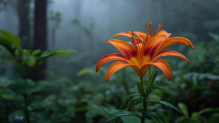 Miễn phí Photo hoa loa kèn cam với những giọt sương trong rừng sương mù.