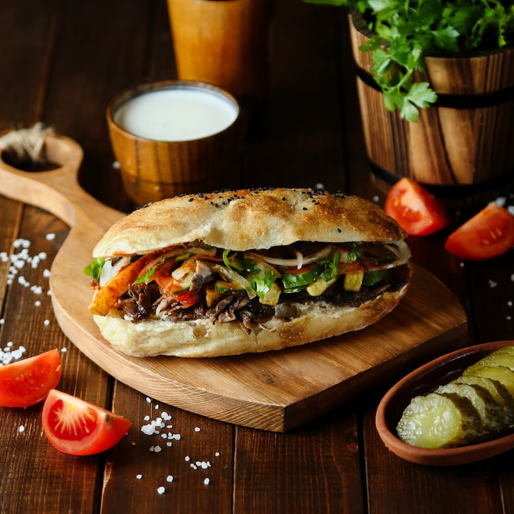 Miễn phí Photo thịt doner trong bánh mì trên thớt gỗ