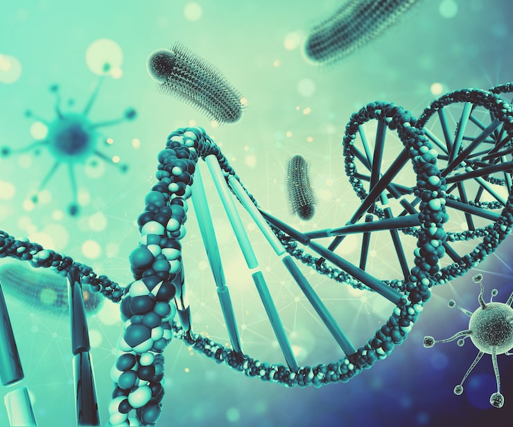 Ilmainen Kuva 3d lääketieteellinen tausta virus soluilla ja dna-juosteella