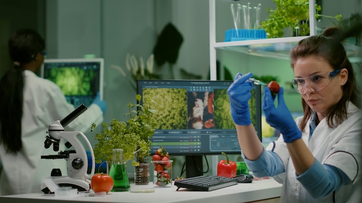 Ilmainen Kuva kemisti-tutkija ruiskuttaa mansikkaan torjunta-aineita tutkien gmo-hedelmiä maataloutta varten