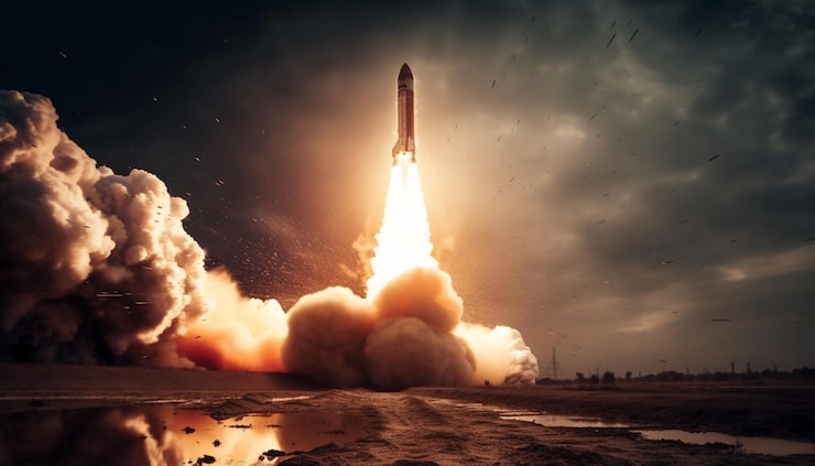 Ilmainen Kuva raketti lentää galaksin läpi tulisen sumun ohi. tekoälyn luoma