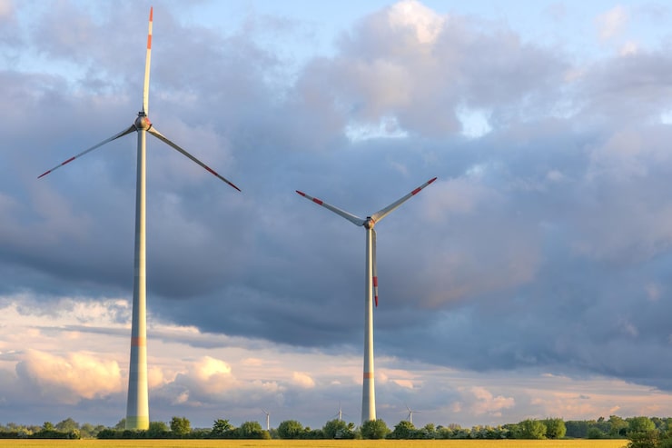 Ilmainen Kuva tuulivoimalat pellolla pilvinen taivas ekologinen energia