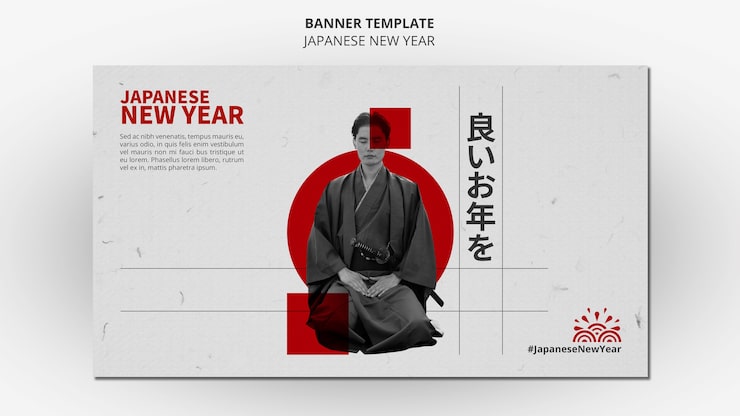 Ilmainen PSD japanilaisen uudenvuoden vaakasuuntainen bannerimalli, jossa henkilö käyttää perinteisiä vaatteita