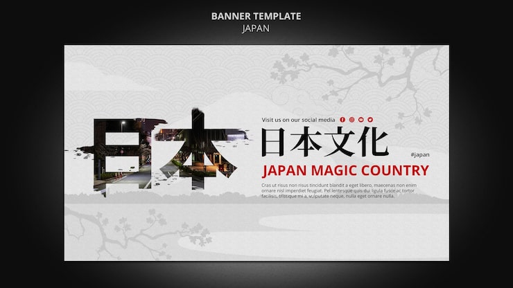 Ilmainen PSD vaakasuuntainen bannerimallipohja japanilaiseen matkakohteeseen japanilaisilla symboleilla