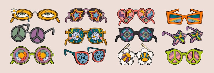 Ilmainen Vektori funky groovy aurinkolasit eri muotoja retro hippie psykedeelisessä tyylissä