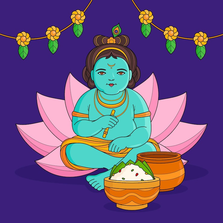 Ilmainen Vektori käsin piirretty krishna janmashtami -kuvitus