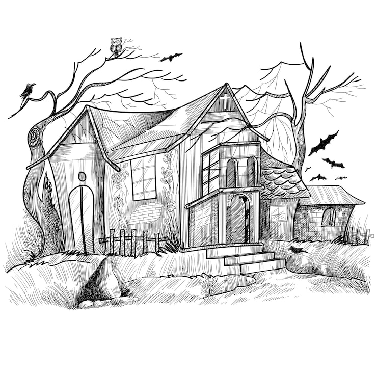 Ilmainen Vektori käsin piirretty kummitustalo halloween-luonnosdesign