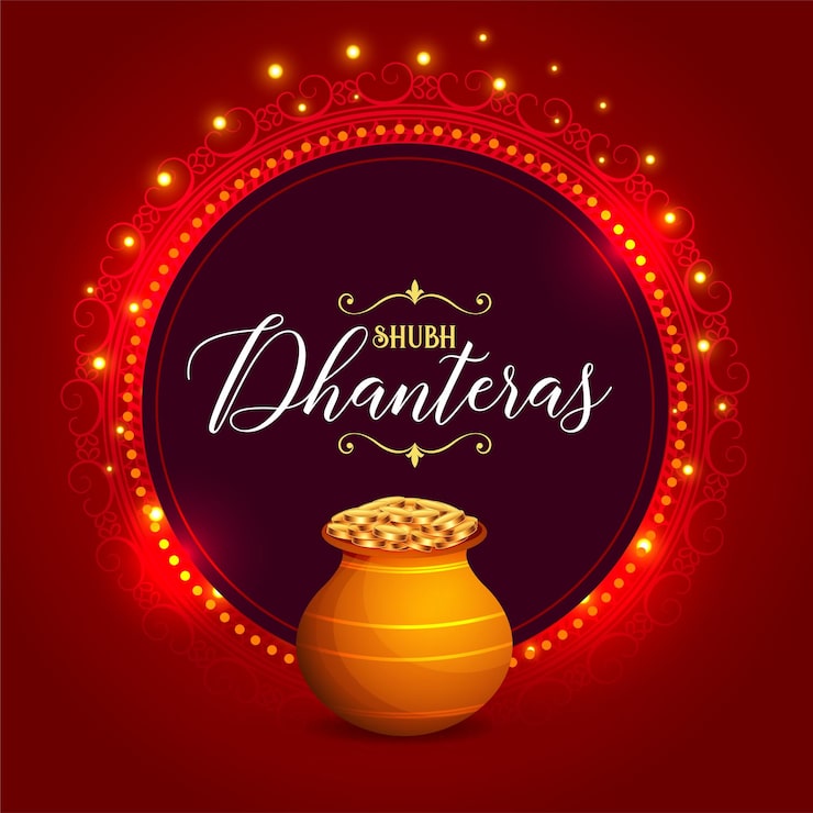 Ilmainen Vektori shubh dhanteras -juhlan kirkas tausta kultaisella kolikkopotilla
