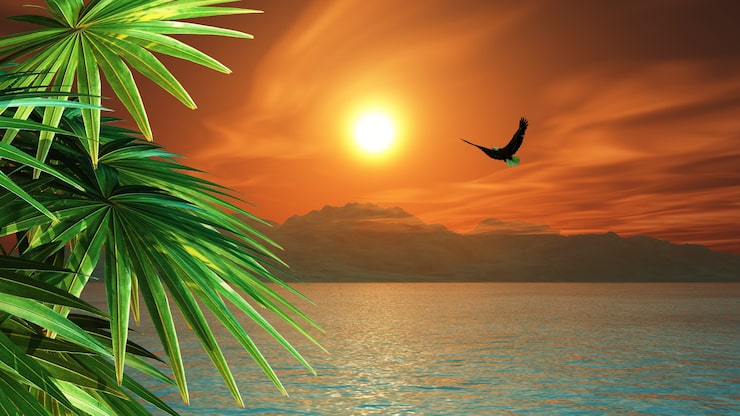 Photo gratuit 3d rendu d'un aigle survolant l'océan dans un paysage tropical