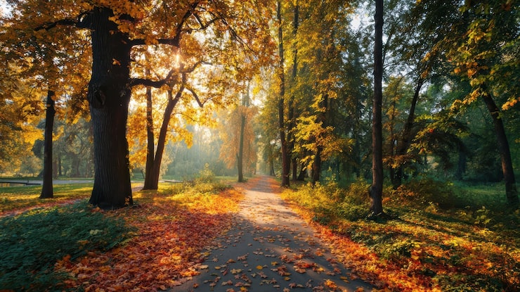 Photo gratuit chemin d'automne doré dans un parc ensoleillé