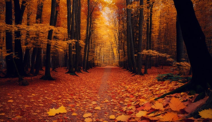 Photo gratuit un chemin dans une forêt avec des feuilles dessus