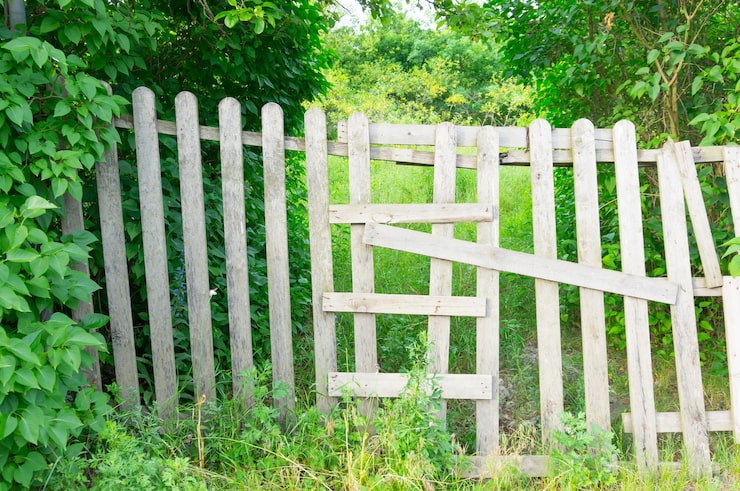Photo gratuit clôture en bois dans un jardin plein d'arbres