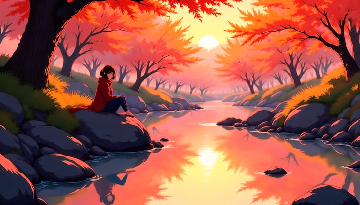 Photo gratuit fille d'anime sur un rocher près d'une rivière dans un paysage de coucher de soleil d'automne