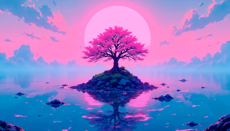 Photo gratuit l'île des cerisiers au coucher du soleil