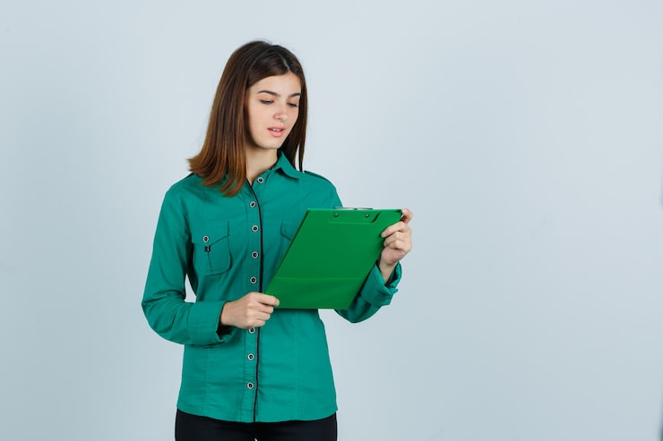 Photo gratuit jeune fille regardant le presse-papiers en chemisier vert, pantalon noir et à la recherche focalisée, vue de face.