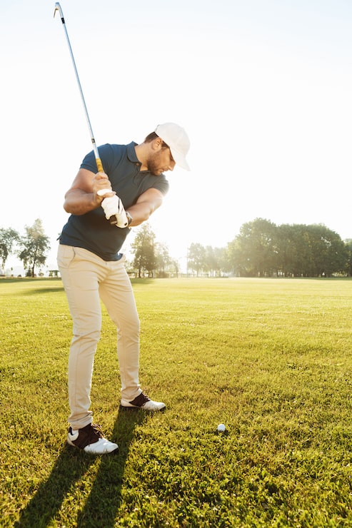 Photo gratuit un jeune golfeur frappe la balle avec un club.