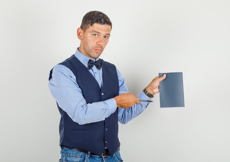 Photo gratuit jeune homme en costume, jeans pointant un stylo au cahier et à la recherche de sérieux