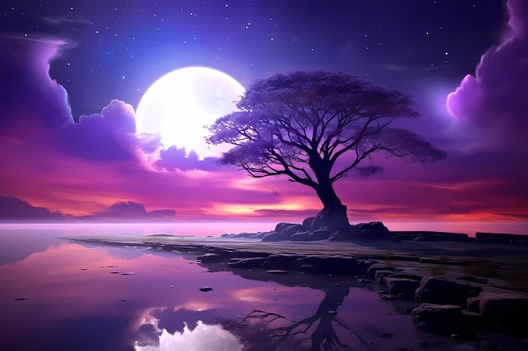 Photo gratuit papier peint numérique de lune et d'arbre