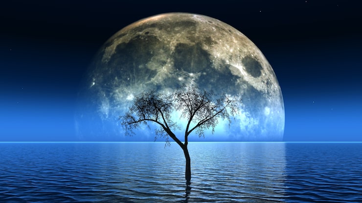 Photo gratuit rendu 3d d'un arbre mort en voir avec la lune dans le ciel