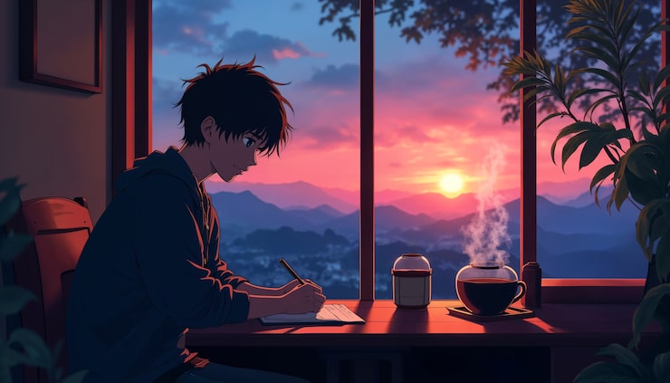 Photo gratuit scène d'anime d'une personne écrivant avec une magnifique vue sur le coucher de soleil