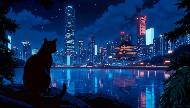 Photo gratuit silhouette de chat surplombant un paysage urbain la nuit