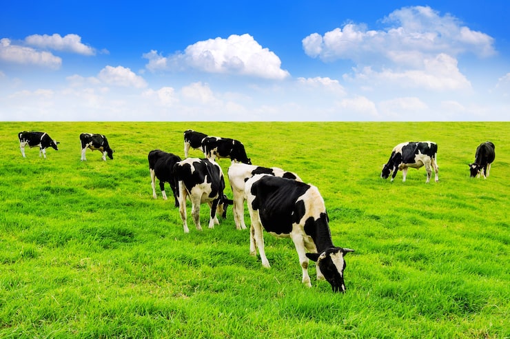 Photo gratuit des vaches sur un champ vert et un ciel bleu