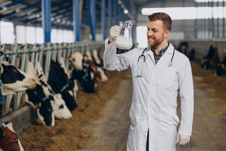 Photo gratuit vétérinaire à l'étable avec pot de lait