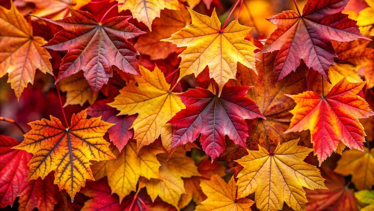 Photo gratuit vue rapprochée des feuilles d'automne dans des teintes rouges, jaunes et orange vives
