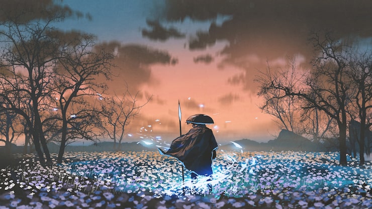 Photo ancien guerrier avec la lance magique debout dans le pré, style art numérique, peinture d'illustration