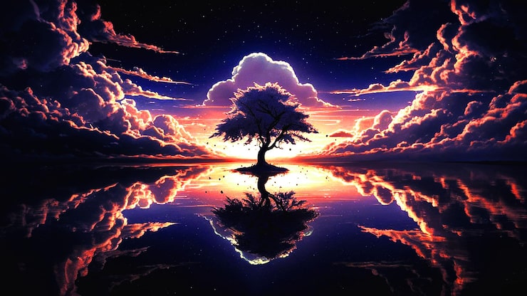 Photo un arbre est reflété avec un coucher de soleil en arrière-plan