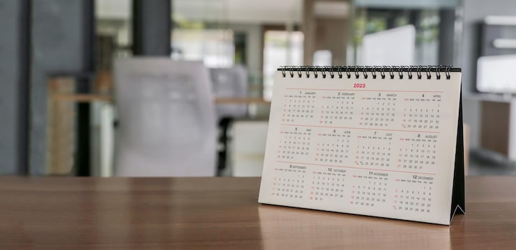 Photo calendrier blanc en gros plan sur des idées de planification de bureau marron