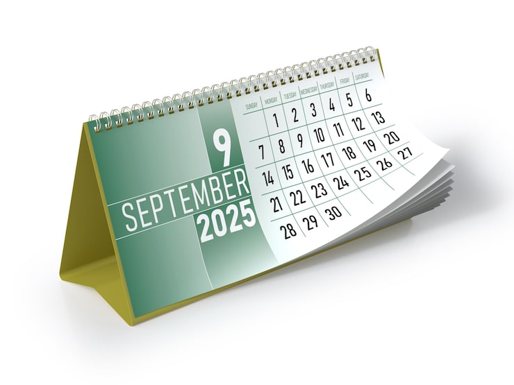Photo calendrier de septembre 2025 isolé sur fond blanc rendering 3d