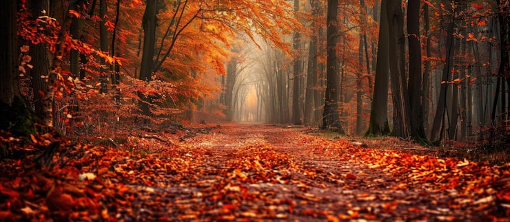 Photo chemin d'automne à travers la forêt brumeuse