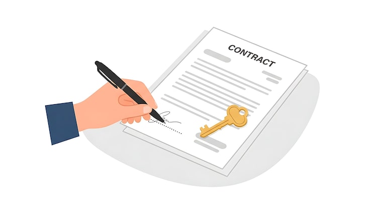 Photo illustration plate d'une main signant un contrat avec une clé