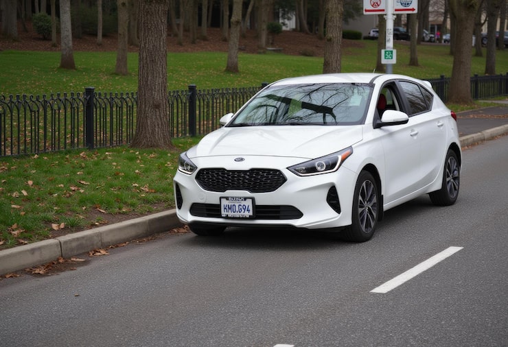 Photo kia forte blanche garée sur une vue latérale de la rue