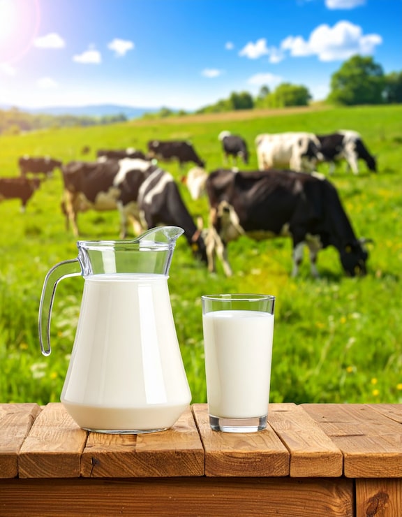 Photo lait frais dans un pichet et un verre sur une table en bois